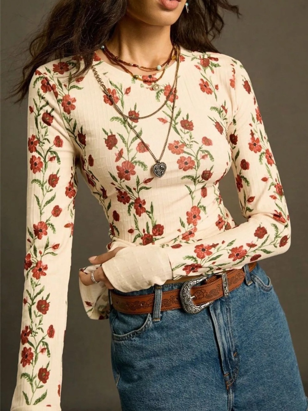 Floral Long-Sleeve Ribbed Top - Cream with Red Floral - Picture 4 of 9